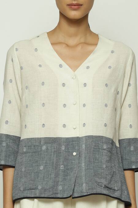 Abraham And Thakore Off White Cotton V-neck Border Dot Print Top at Aza Fashions Abraham And Thakore_Off White Cotton V-neck Border Dot Print Top_at_Aza_Fashions