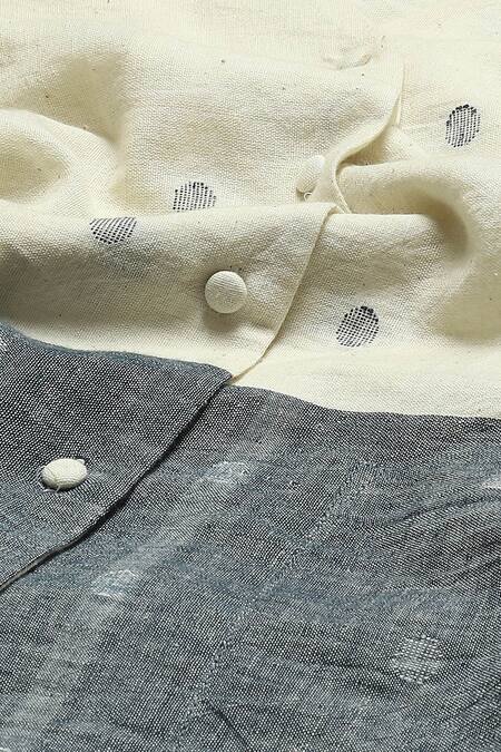 Buy Abraham And Thakore Off White Cotton V-neck Border Dot Print Top Buy_Abraham And Thakore_Off White Cotton V-neck Border Dot Print Top