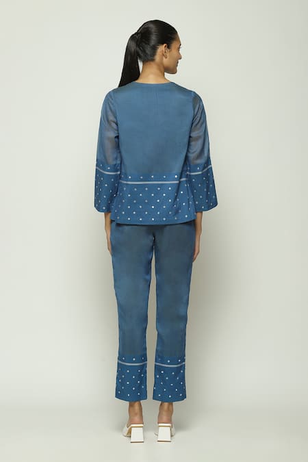 Shop Abraham And Thakore Blue Silk, Cotton Sequins V-neck Embellished Shirt at Aza Fashions Shop_Abraham And Thakore_Blue Silk, Cotton Sequins V-neck Embellished Shirt_at_Aza_Fashions