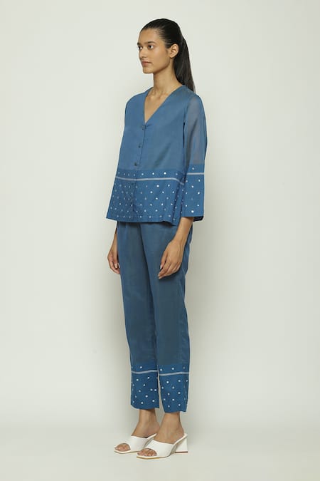 Abraham And Thakore Blue Silk, Cotton Sequins V-neck Embellished Shirt Online at Aza Fashions Abraham And Thakore_Blue Silk, Cotton Sequins V-neck Embellished Shirt_Online_at_Aza_Fashions