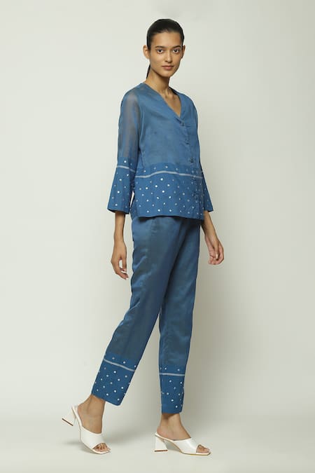 Buy Abraham And Thakore Blue Silk, Cotton Sequins V-neck Embellished Shirt Online at Aza Fashions Buy_Abraham And Thakore_Blue Silk, Cotton Sequins V-neck Embellished Shirt_Online_at_Aza_Fashions