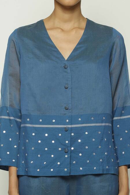 Shop Abraham And Thakore Blue Silk, Cotton Sequins V-neck Embellished Shirt Online at Aza Fashions Shop_Abraham And Thakore_Blue Silk, Cotton Sequins V-neck Embellished Shirt_Online_at_Aza_Fashions