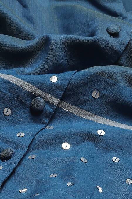 Abraham And Thakore Blue Silk, Cotton Sequins V-neck Embellished Shirt at Aza Fashions Abraham And Thakore_Blue Silk, Cotton Sequins V-neck Embellished Shirt_at_Aza_Fashions