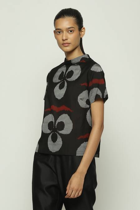 Abraham And Thakore_Black Silk, Cotton High Neck Ikat Ottoman Moon Print Top _Online_at_Aza_Fashions