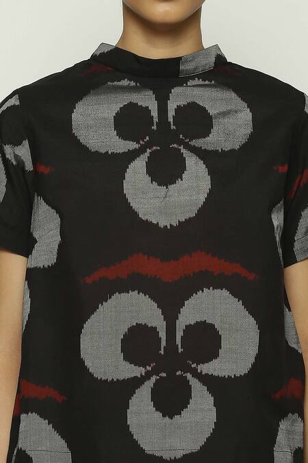 Shop_Abraham And Thakore_Black Silk, Cotton High Neck Ikat Ottoman Moon Print Top _Online_at_Aza_Fashions