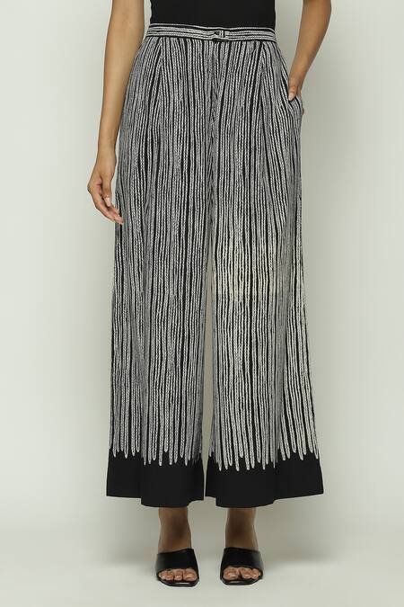 Shop Abraham And Thakore Black Cotton Crewel Print Trouser at Aza Fashions Shop_Abraham And Thakore_Black Cotton Crewel Print Trouser_at_Aza_Fashions