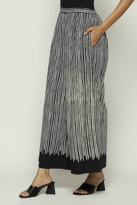 Abraham And Thakore Black Cotton Crewel Print Trouser Online at Aza Fashions Abraham And Thakore_Black Cotton Crewel Print Trouser_Online_at_Aza_Fashions