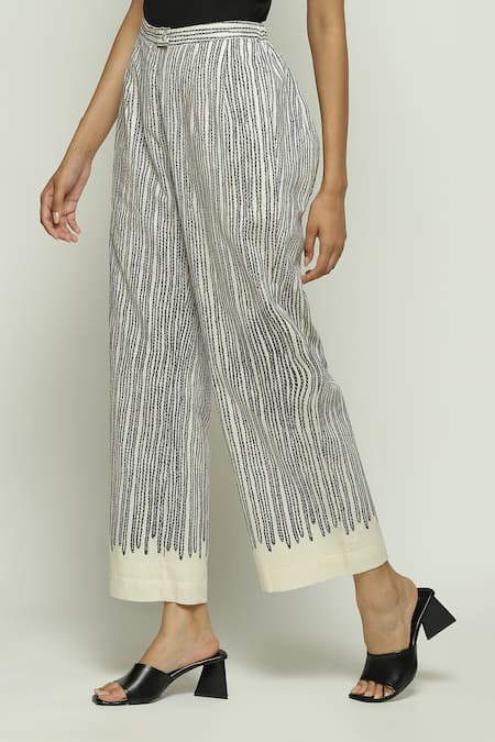 Abraham And Thakore Black Cotton Embroidery Crewel Print Straight Trouser Online at Aza Fashions Abraham And Thakore_Black Cotton Embroidery Crewel Print Straight Trouser_Online_at_Aza_Fashions