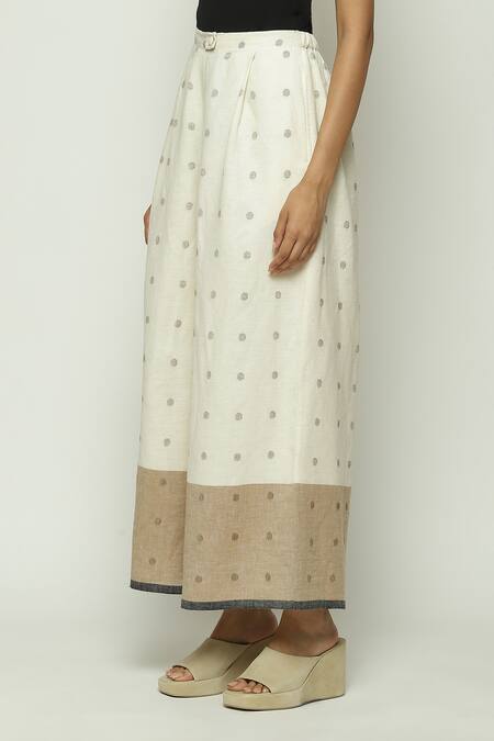 Abraham And Thakore_Off White Cotton Border Jamdani Dotted Trouser_Online_at_Aza_Fashions