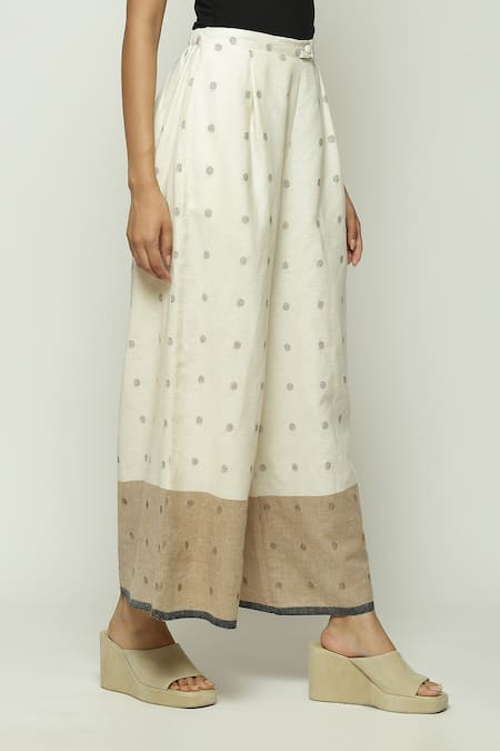 Buy_Abraham And Thakore_Off White Cotton Border Jamdani Dotted Trouser_Online_at_Aza_Fashions