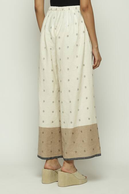 Shop_Abraham And Thakore_Off White Cotton Border Jamdani Dotted Trouser_Online_at_Aza_Fashions
