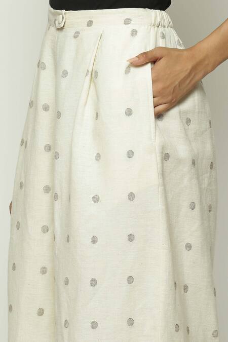 Abraham And Thakore_Off White Cotton Border Jamdani Dotted Trouser_at_Aza_Fashions