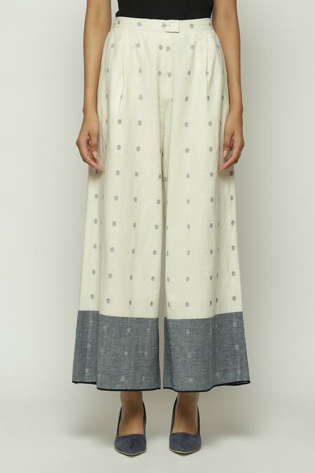 Shop Abraham And Thakore Off White Cotton Border Jamdani Dotted Pattern Trouser at Aza Fashions Shop_Abraham And Thakore_Off White Cotton Border Jamdani Dotted Pattern Trouser_at_Aza_Fashions