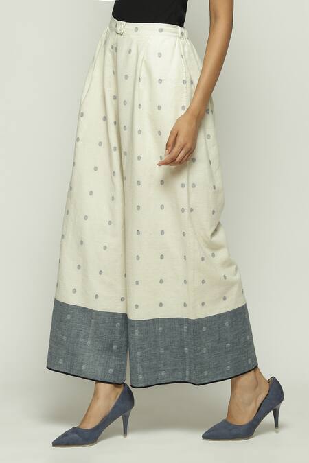 Abraham And Thakore Off White Cotton Border Jamdani Dotted Pattern Trouser Online at Aza Fashions Abraham And Thakore_Off White Cotton Border Jamdani Dotted Pattern Trouser_Online_at_Aza_Fashions