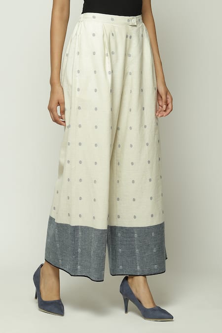 Buy Abraham And Thakore Off White Cotton Border Jamdani Dotted Pattern Trouser Online at Aza Fashions Buy_Abraham And Thakore_Off White Cotton Border Jamdani Dotted Pattern Trouser_Online_at_Aza_Fashions