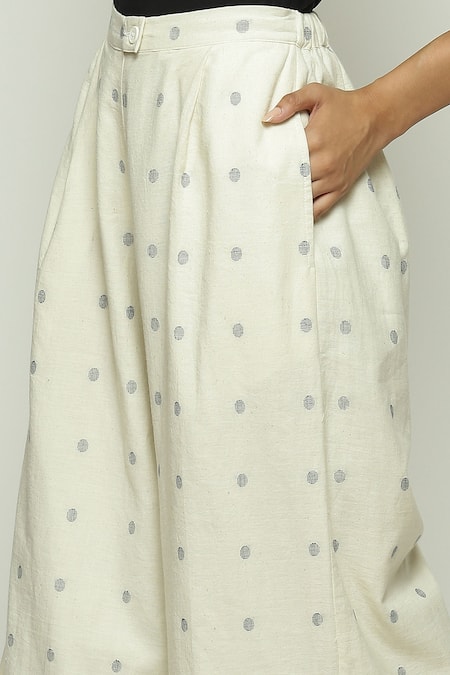 Abraham And Thakore Off White Cotton Border Jamdani Dotted Pattern Trouser at Aza Fashions Abraham And Thakore_Off White Cotton Border Jamdani Dotted Pattern Trouser_at_Aza_Fashions