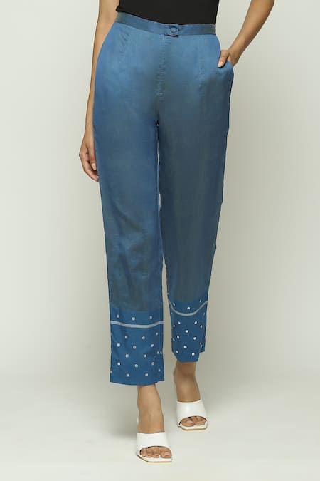 Shop Abraham And Thakore Blue Silk, Cotton, Maheshwari Sequins Embellished Trouser at Aza Fashions Shop_Abraham And Thakore_Blue Silk, Cotton, Maheshwari Sequins Embellished Trouser _at_Aza_Fashions