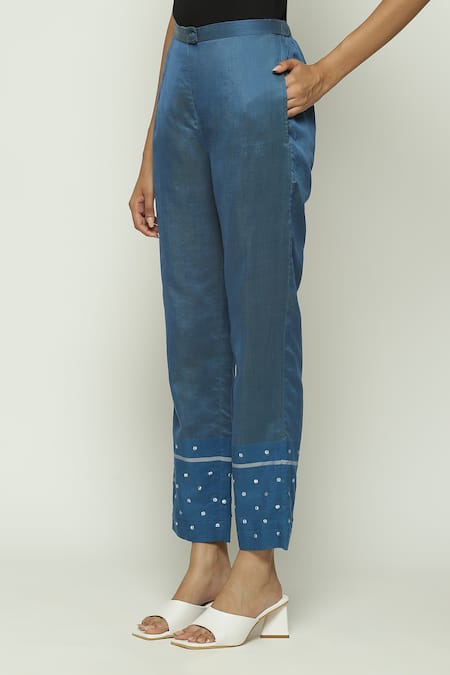 Abraham And Thakore Blue Silk, Cotton, Maheshwari Sequins Embellished Trouser Online at Aza Fashions Abraham And Thakore_Blue Silk, Cotton, Maheshwari Sequins Embellished Trouser _Online_at_Aza_Fashions