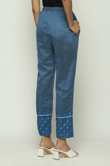 Shop Abraham And Thakore Blue Silk, Cotton, Maheshwari Sequins Embellished Trouser Online at Aza Fashions Shop_Abraham And Thakore_Blue Silk, Cotton, Maheshwari Sequins Embellished Trouser _Online_at_Aza_Fashions