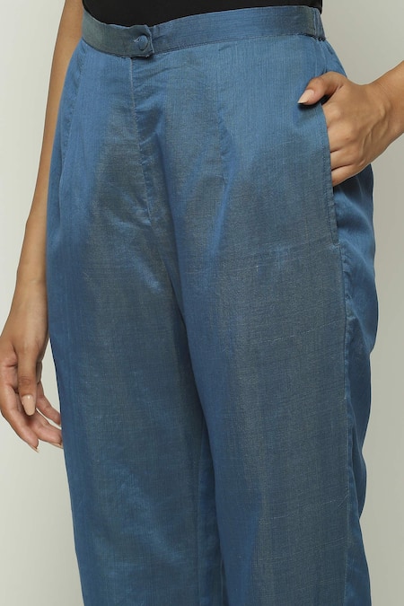 Abraham And Thakore Blue Silk, Cotton, Maheshwari Sequins Embellished Trouser at Aza Fashions Abraham And Thakore_Blue Silk, Cotton, Maheshwari Sequins Embellished Trouser _at_Aza_Fashions