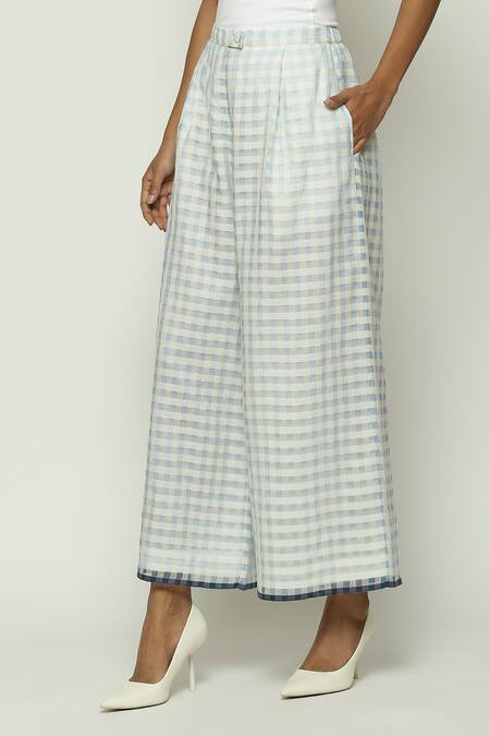 Abraham And Thakore Blue Silk, Cotton, Maheshwari Gingham Checkered Trouser Online at Aza Fashions Abraham And Thakore_Blue Silk, Cotton, Maheshwari Gingham Checkered Trouser_Online_at_Aza_Fashions