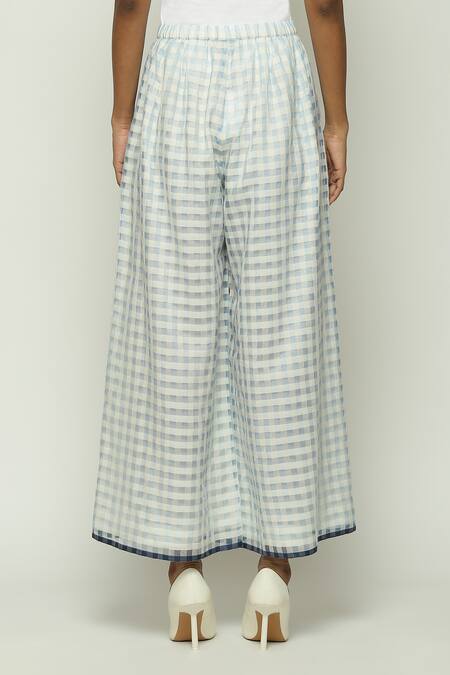 Shop Abraham And Thakore Blue Silk, Cotton, Maheshwari Gingham Checkered Trouser Online at Aza Fashions Shop_Abraham And Thakore_Blue Silk, Cotton, Maheshwari Gingham Checkered Trouser_Online_at_Aza_Fashions