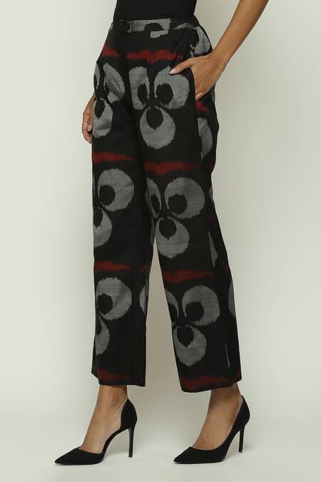 Abraham And Thakore_Black Silk, Cotton Ikat Ottoman Moon Pattern Trouser_Online_at_Aza_Fashions