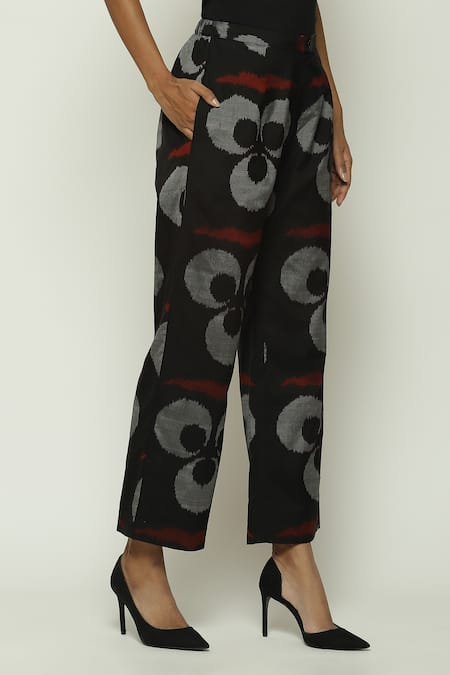 Buy_Abraham And Thakore_Black Silk, Cotton Ikat Ottoman Moon Pattern Trouser_Online_at_Aza_Fashions