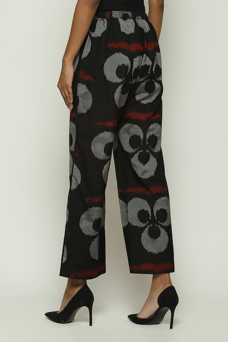 Shop_Abraham And Thakore_Black Silk, Cotton Ikat Ottoman Moon Pattern Trouser_Online_at_Aza_Fashions