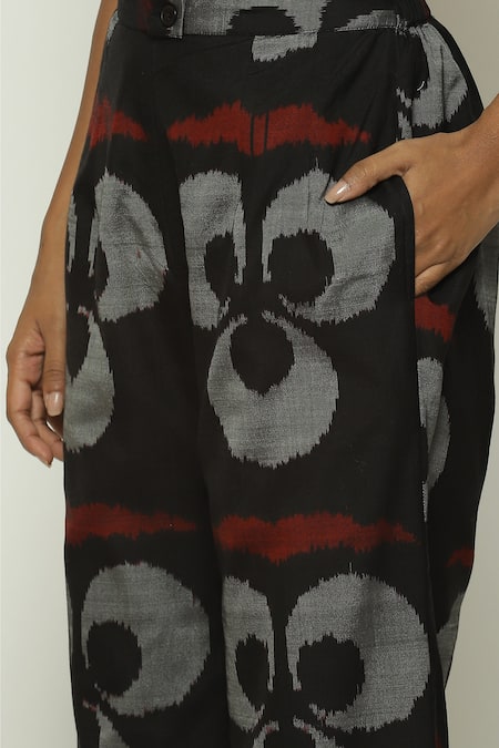 Abraham And Thakore_Black Silk, Cotton Ikat Ottoman Moon Pattern Trouser_at_Aza_Fashions