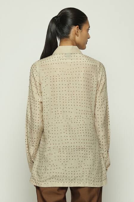 Shop Abraham And Thakore Beige Silk, Cotton Collared Dotted Button Down Shirt at Aza Fashions Shop_Abraham And Thakore_Beige Silk, Cotton Collared Dotted Button Down Shirt_at_Aza_Fashions