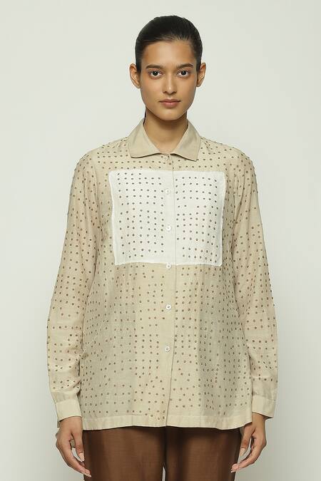 Abraham And Thakore Beige Silk, Cotton Collared Dotted Button Down Shirt Online at Aza Fashions Abraham And Thakore_Beige Silk, Cotton Collared Dotted Button Down Shirt_Online_at_Aza_Fashions