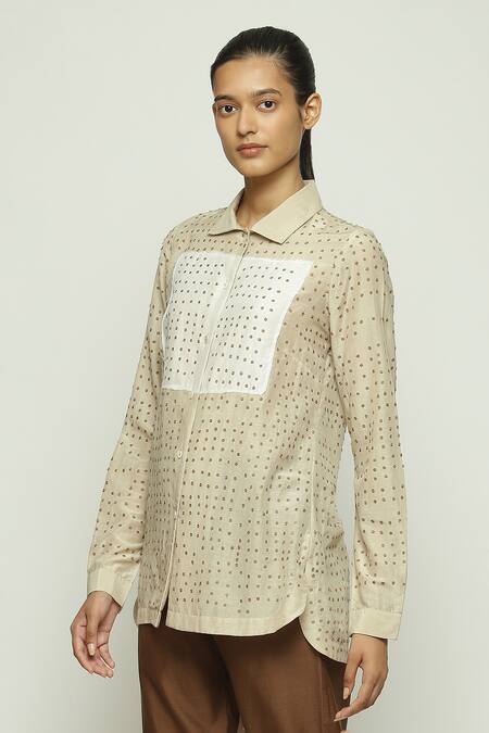 Buy Abraham And Thakore Beige Silk, Cotton Collared Dotted Button Down Shirt Online at Aza Fashions Buy_Abraham And Thakore_Beige Silk, Cotton Collared Dotted Button Down Shirt_Online_at_Aza_Fashions
