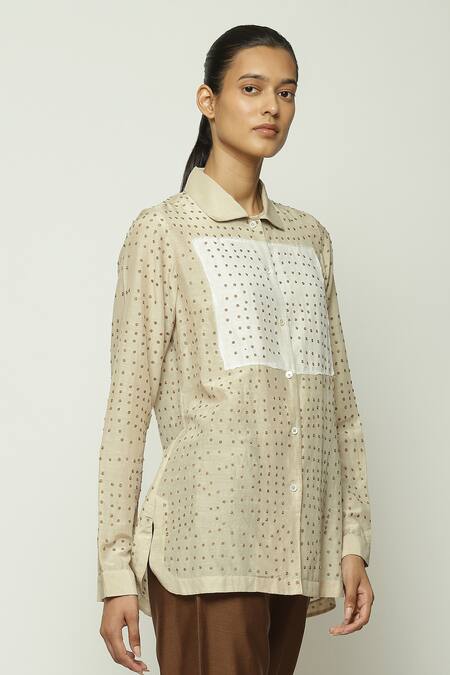 Shop Abraham And Thakore Beige Silk, Cotton Collared Dotted Button Down Shirt Online at Aza Fashions Shop_Abraham And Thakore_Beige Silk, Cotton Collared Dotted Button Down Shirt_Online_at_Aza_Fashions