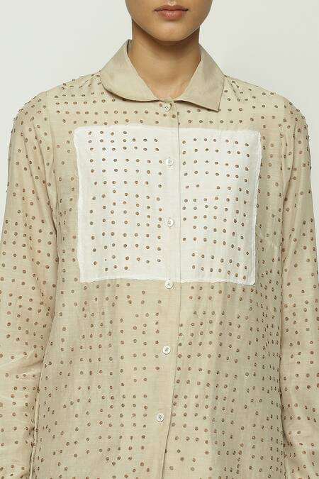 Abraham And Thakore Beige Silk, Cotton Collared Dotted Button Down Shirt at Aza Fashions Abraham And Thakore_Beige Silk, Cotton Collared Dotted Button Down Shirt_at_Aza_Fashions