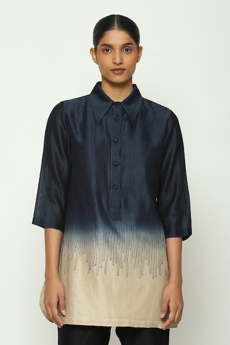 Abraham And Thakore_Blue Chanderi Embroidery Collared Ombre Crewel Shirt_Online_at_Aza_Fashions
