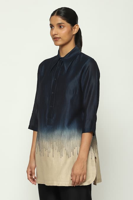 Buy_Abraham And Thakore_Blue Chanderi Embroidery Collared Ombre Crewel Shirt_Online_at_Aza_Fashions