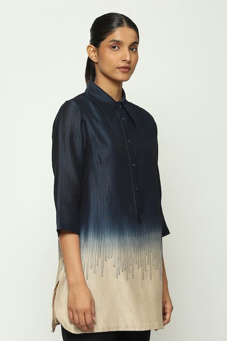 Shop_Abraham And Thakore_Blue Chanderi Embroidery Collared Ombre Crewel Shirt_Online_at_Aza_Fashions