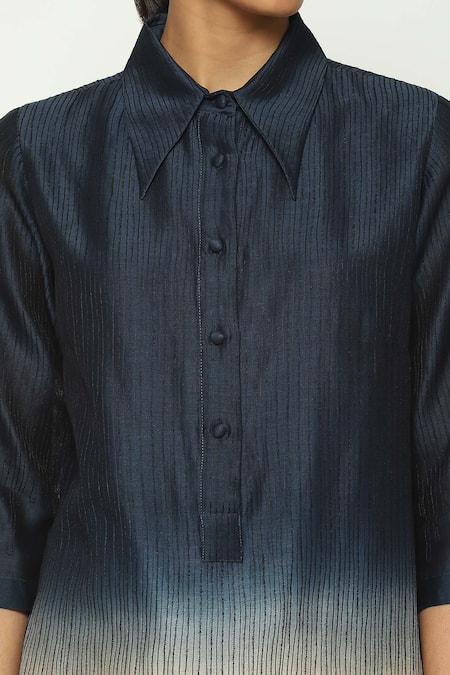 Abraham And Thakore_Blue Chanderi Embroidery Collared Ombre Crewel Shirt_at_Aza_Fashions