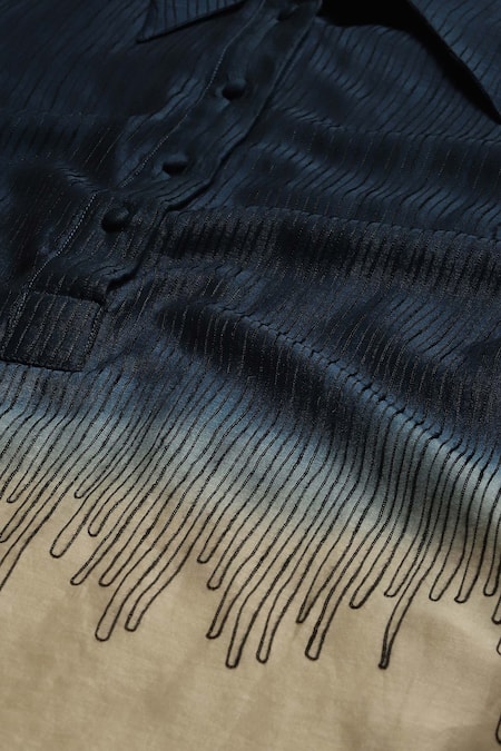 Buy_Abraham And Thakore_Blue Chanderi Embroidery Collared Ombre Crewel Shirt