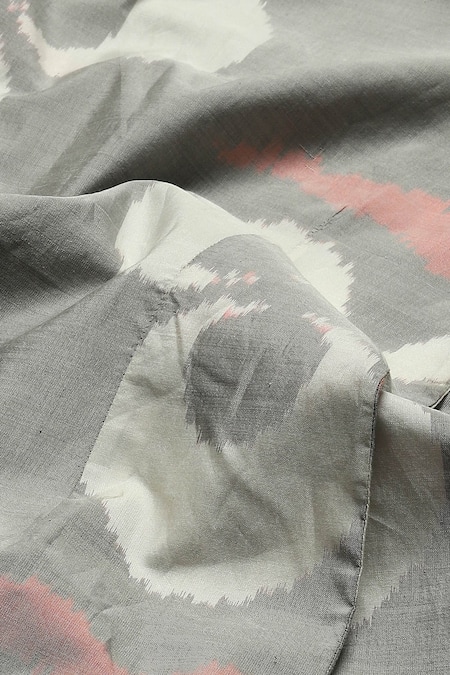 Shop Abraham And Thakore Grey Silk, Cotton Collared Moon Pattern Overlap Top Shop_Abraham And Thakore_Grey Silk, Cotton Collared Moon Pattern Overlap Top