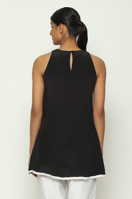Shop Abraham And Thakore Black Silk, Crepe Sequins Halter Neck Circlet Bloom Embroidered Tunic at Aza Fashions Shop_Abraham And Thakore_Black Silk, Crepe Sequins Halter Neck Circlet Bloom Embroidered Tunic_at_Aza_Fashions