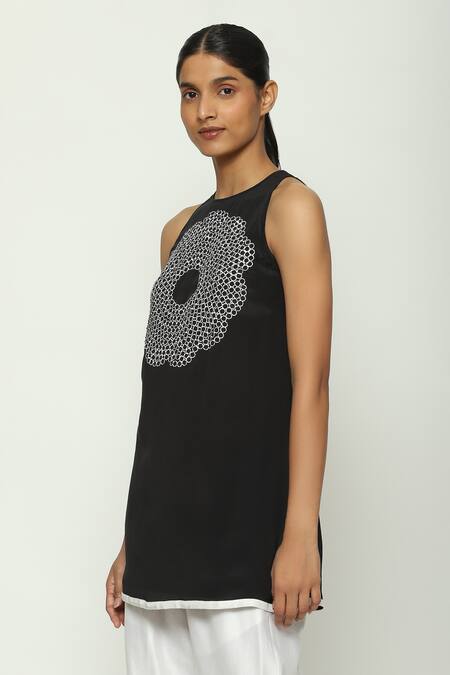 Abraham And Thakore Black Silk, Crepe Sequins Halter Neck Circlet Bloom Embroidered Tunic Online at Aza Fashions Abraham And Thakore_Black Silk, Crepe Sequins Halter Neck Circlet Bloom Embroidered Tunic_Online_at_Aza_Fashions