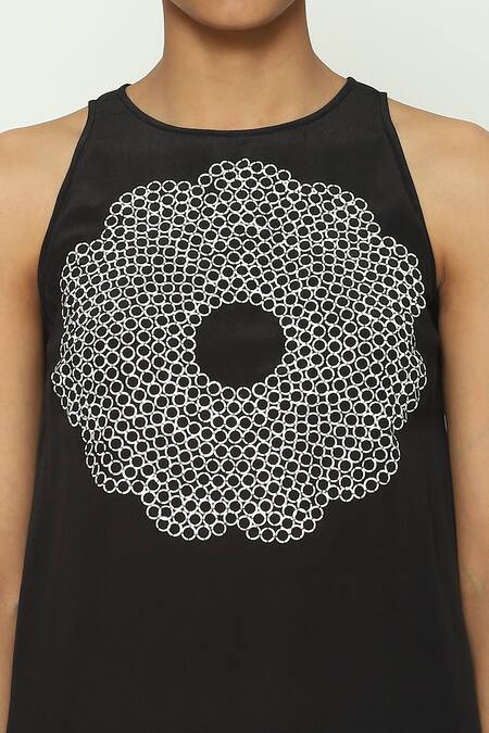 Shop Abraham And Thakore Black Silk, Crepe Sequins Halter Neck Circlet Bloom Embroidered Tunic Online at Aza Fashions Shop_Abraham And Thakore_Black Silk, Crepe Sequins Halter Neck Circlet Bloom Embroidered Tunic_Online_at_Aza_Fashions