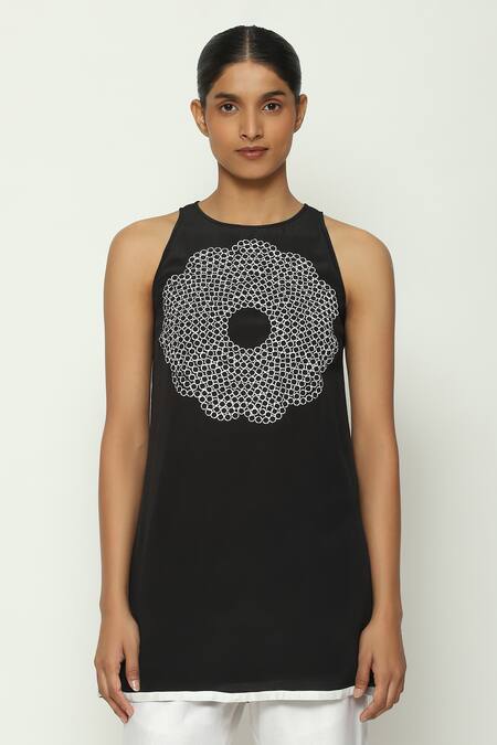 Buy Abraham And Thakore Black Silk, Crepe Sequins Halter Neck Circlet Bloom Embroidered Tunic Buy_Abraham And Thakore_Black Silk, Crepe Sequins Halter Neck Circlet Bloom Embroidered Tunic
