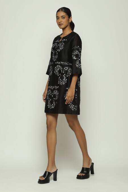 Abraham And Thakore_Black Chanderi Sequins, Beads Round Neck Ottoman Turkish Moon Embroidered Dress_Online_at_Aza_Fashions