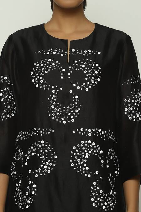 Shop_Abraham And Thakore_Black Chanderi Sequins, Beads Round Neck Ottoman Turkish Moon Embroidered Dress_Online_at_Aza_Fashions