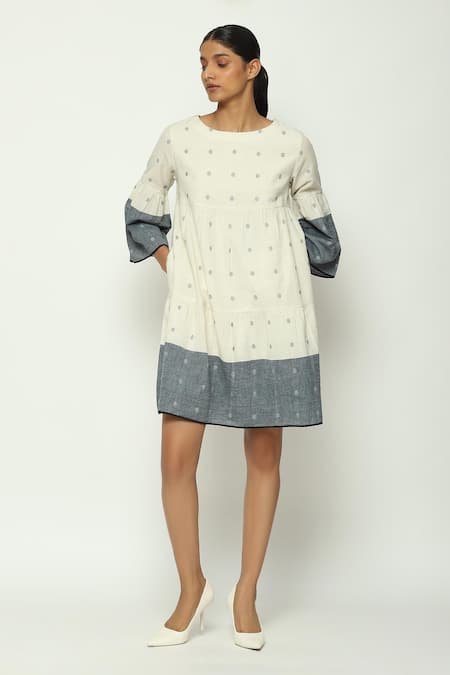 Abraham & Thakore Jamdani Dot Pattern Bell Sleeves Dress 