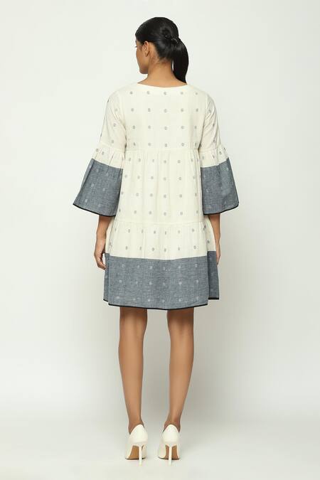 Shop Abraham And Thakore Ivory Cotton Round Neck Jamdani Dot Pattern Bell Sleeves Dress at Aza Fashions Shop_Abraham And Thakore_Ivory Cotton Round Neck Jamdani Dot Pattern Bell Sleeves Dress_at_Aza_Fashions