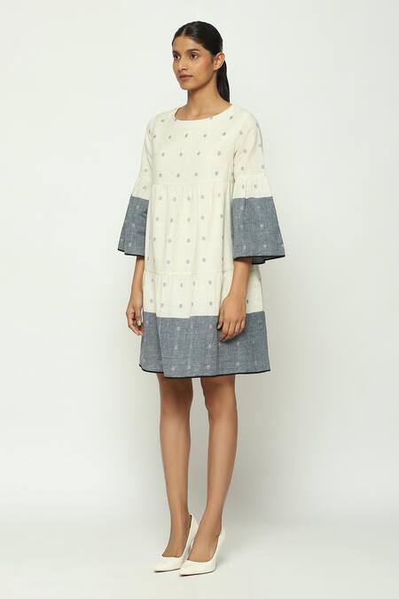 Abraham And Thakore Ivory Cotton Round Neck Jamdani Dot Pattern Bell Sleeves Dress Online at Aza Fashions Abraham And Thakore_Ivory Cotton Round Neck Jamdani Dot Pattern Bell Sleeves Dress_Online_at_Aza_Fashions